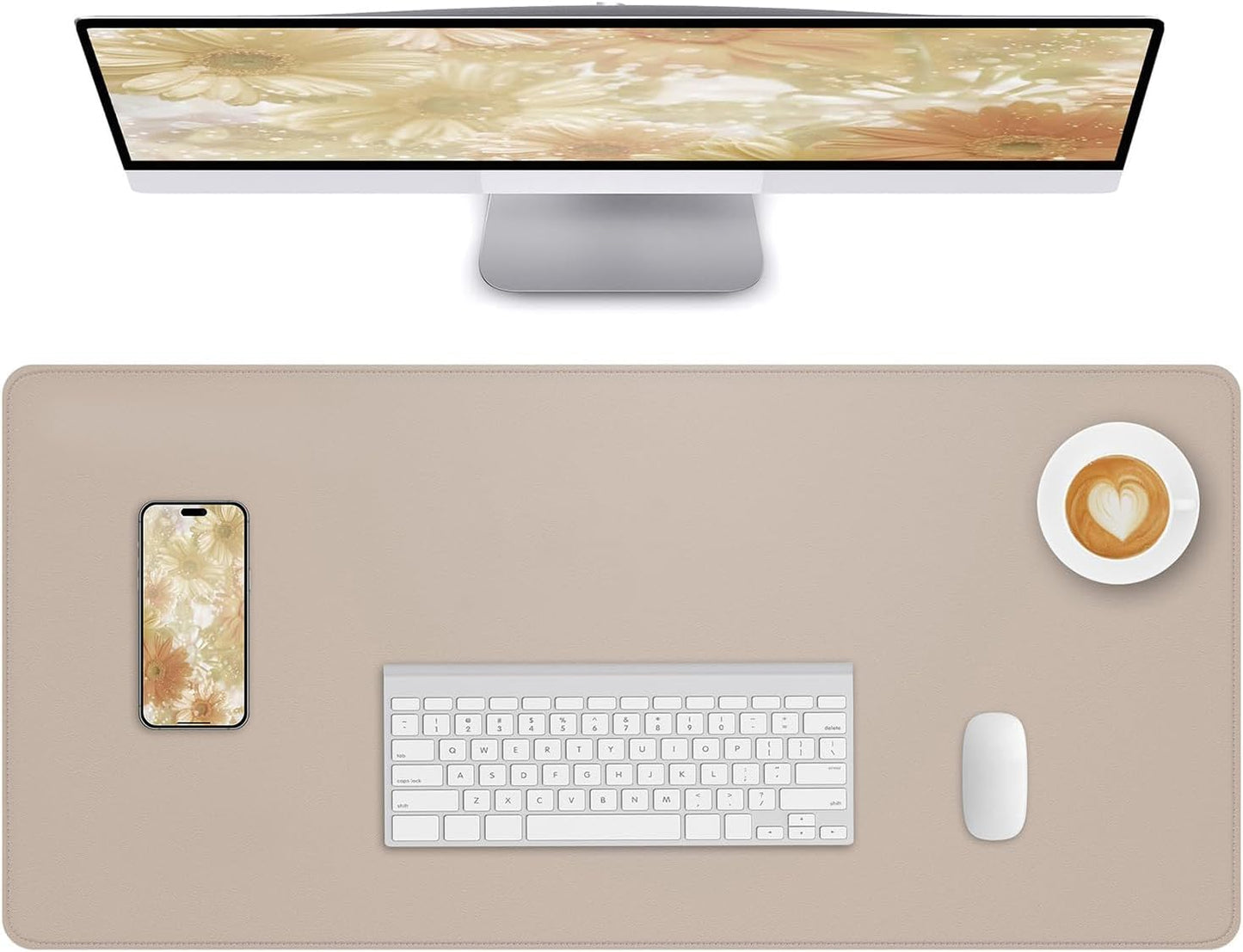 Large Desk Mouse Pad Protector, Stitched Locking Edge Non-Slip PU Leather Desk Mat Laptop Table Pad Blotter, Waterproof Durable Writing Pad for Office and Home (Beige, 90 x 43cm)