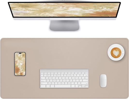 Leather Desk Pad Protector Large Mouse Pad, Stitched Locking Edge Non-Slip PU Leather Desk Mat Laptop Desk Pad Blotter, Waterproof Durable Writing Pad for Office and Home (Beige, 120 x 43cm)