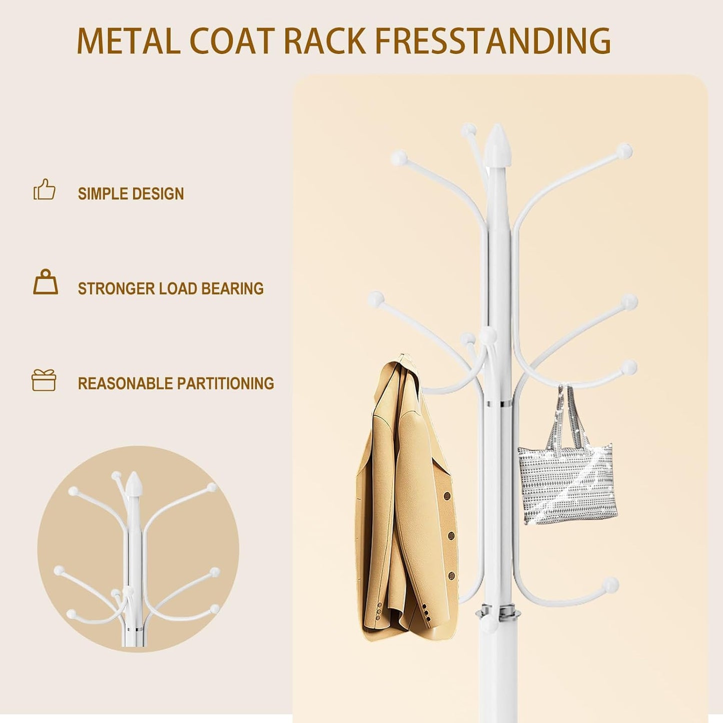 Coat Rack with Natural Marble Base, Metal Modern Coat Racks Freestanding, Coat Rack Stand with 12 Hooks, Coat Tree Hats Hanger Stand for Entryway, Hallway (12 Hooks-White)