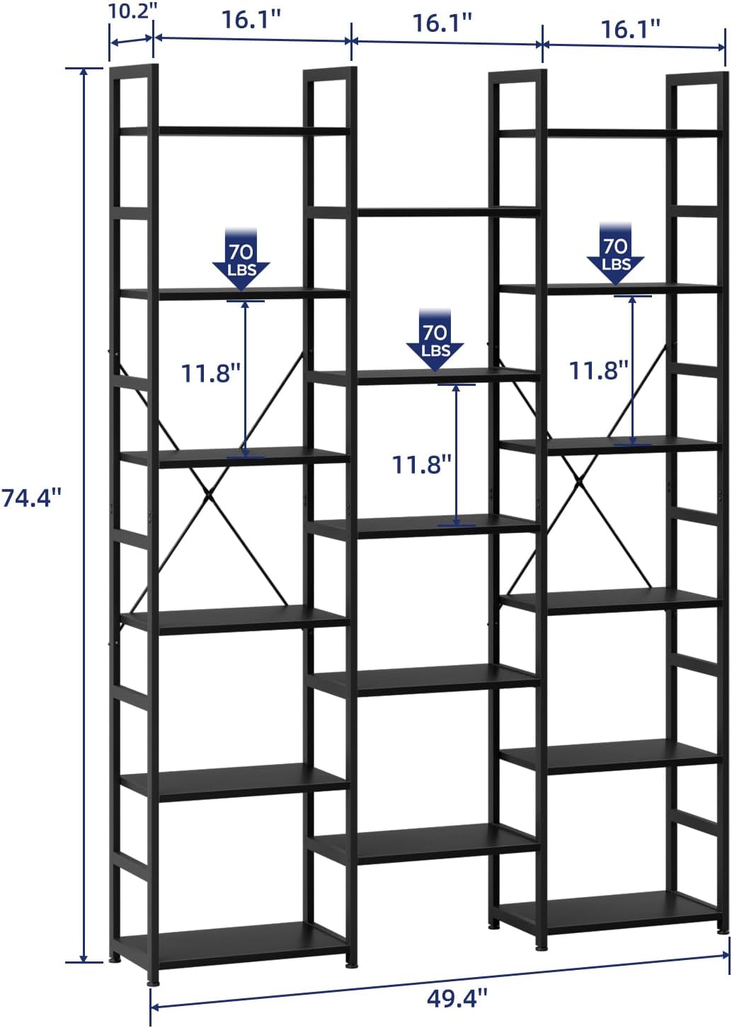NUMENN Triple Column 6 Tier Bookshelf, Bookcase with 17 Open Display Shelves, Adjustable Rustic Industrial Style Book Shelves, Modern Bookshelves for Bedroom, Living Room and Home Office, Black