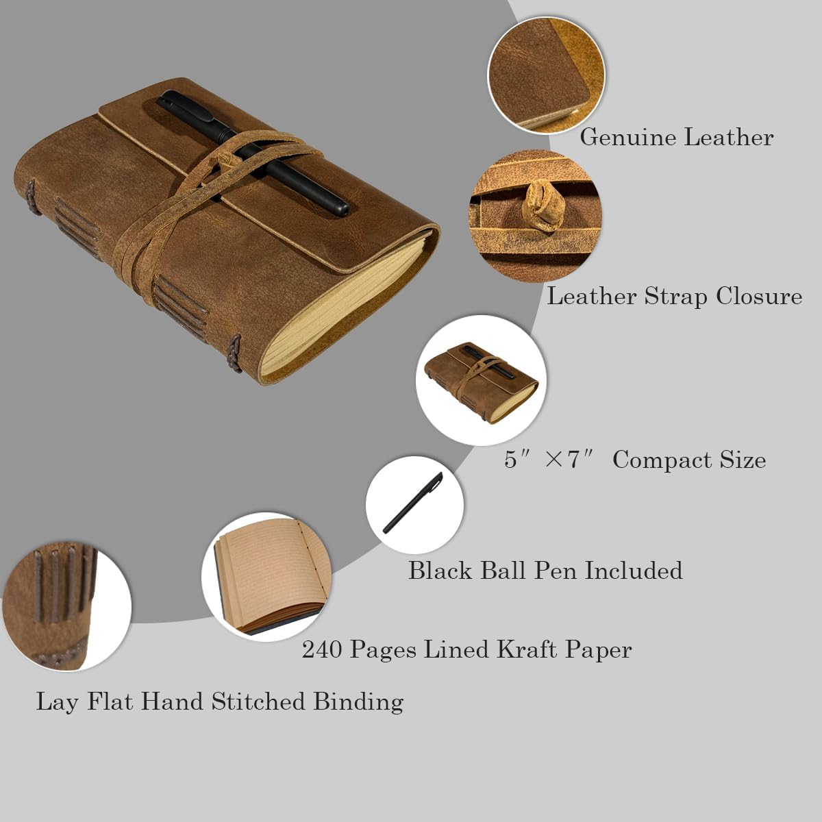 Brown Notebook Journal - Best Genuine Cool Leather Journals for writers Small Size Diary 5.5x7.5 Inch, Notepad For Man and Women, Gifts,Work,Traveler,Personal