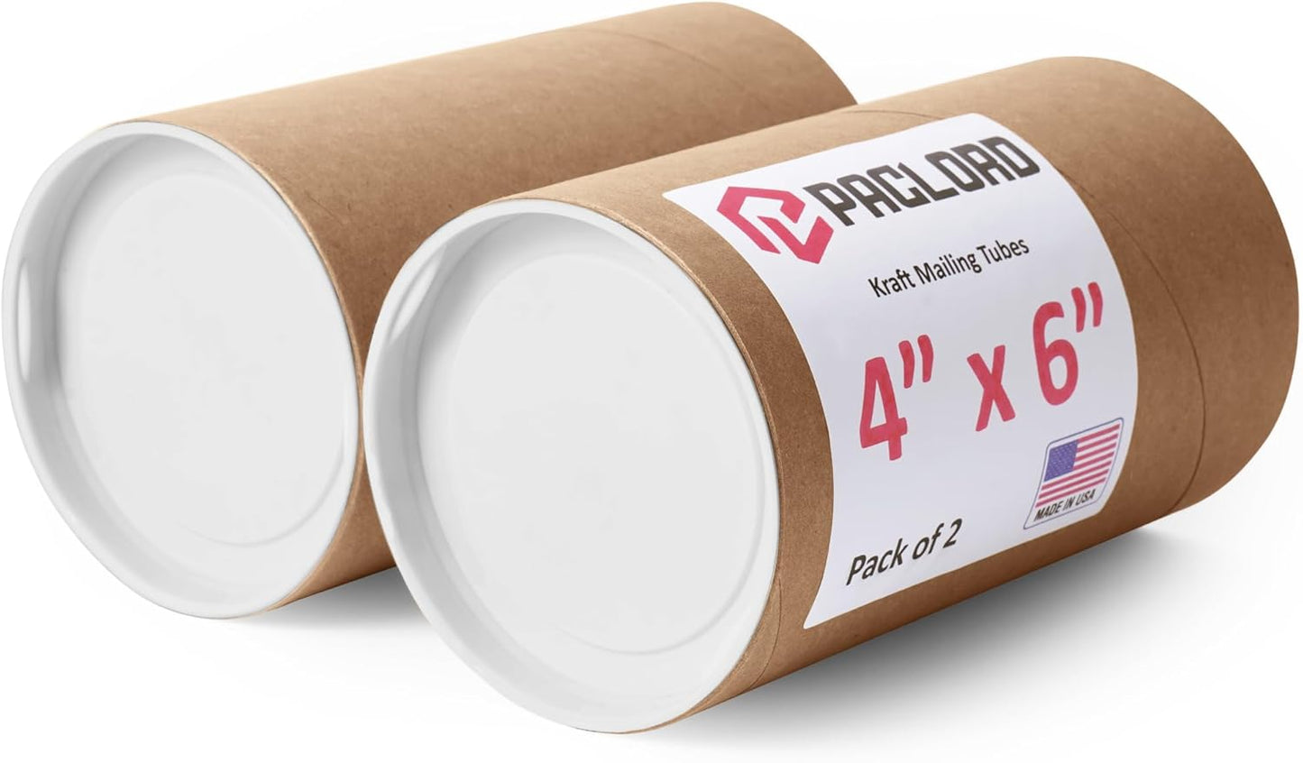 4" x 6" Reinforced Kraft Paper Mailing Tubes, Pack of 2 Tubes with 2 Caps Each – USPS Approved Poster Tube – Made in USA Cardboard Tube for Shipping and Storing Posters, Prints, Artwork, or Documents