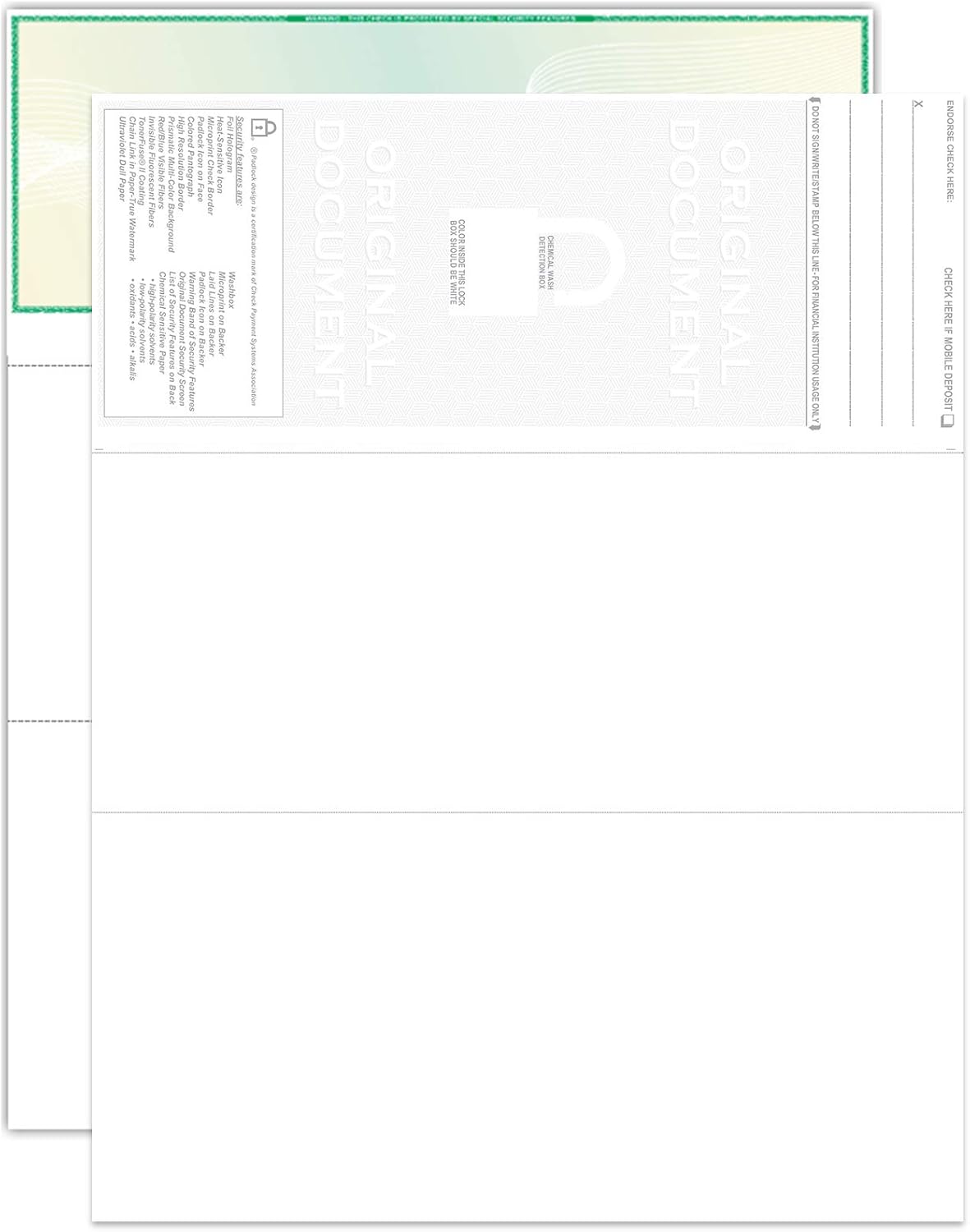 EZ Checks Premium High Security Check Paper with Hologram | 500 Sheets (Green/Yellow, Check at Top)