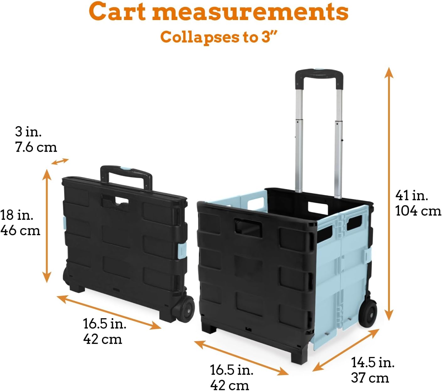 Inspired Living Ultra-Slim Rolling Collapsible Storage Pack-N-Roll Utility-carts, with Telescopic Handle, for Home, Garden, Shopping, Office, School use, Large, Baby Blue & Black
