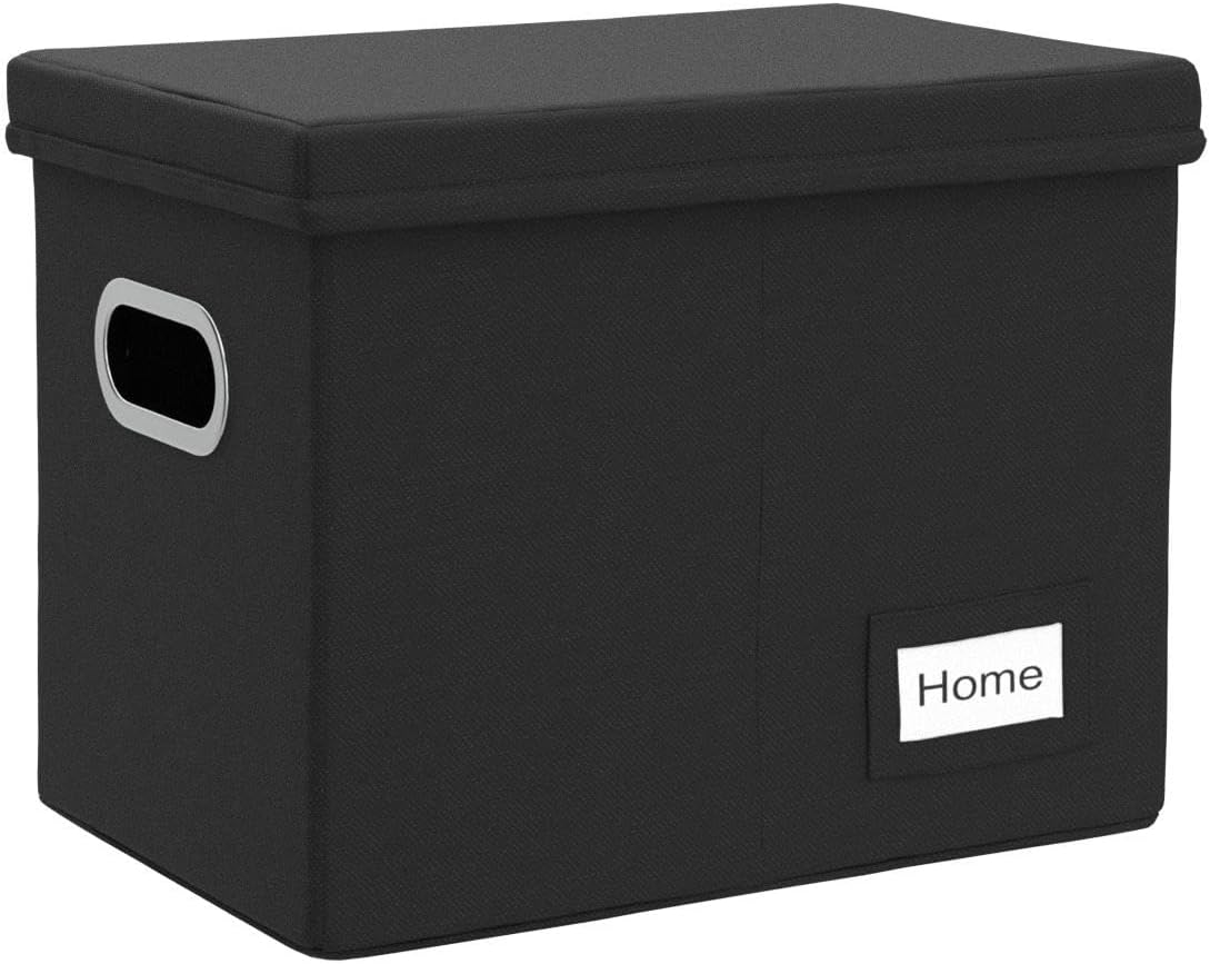 PRANDOM File Organizer Box - Set of 1 Collapsible Decorative Linen Filing Storage Hanging File Folders with Lids Office Cabinet Letter Size Black (14x9.3x10.8 inch)