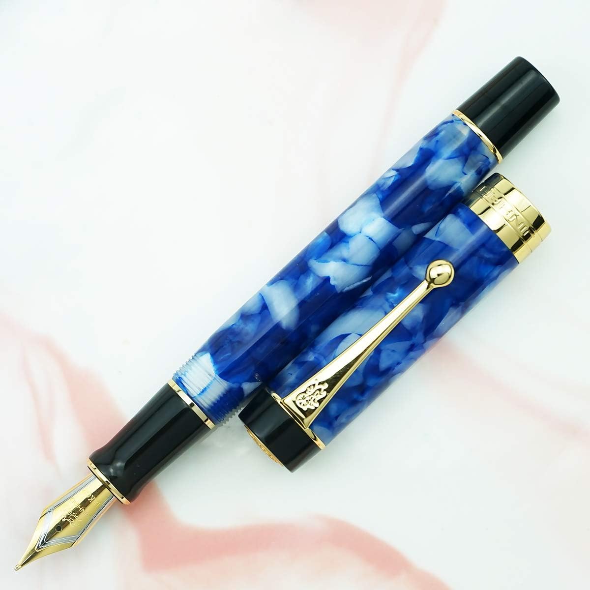 Jinhao 100 Fountain Pen Celluloid Classic Style, #6 Nib Smooth Writing Instrument with Refillable Converter and Pen Case Set