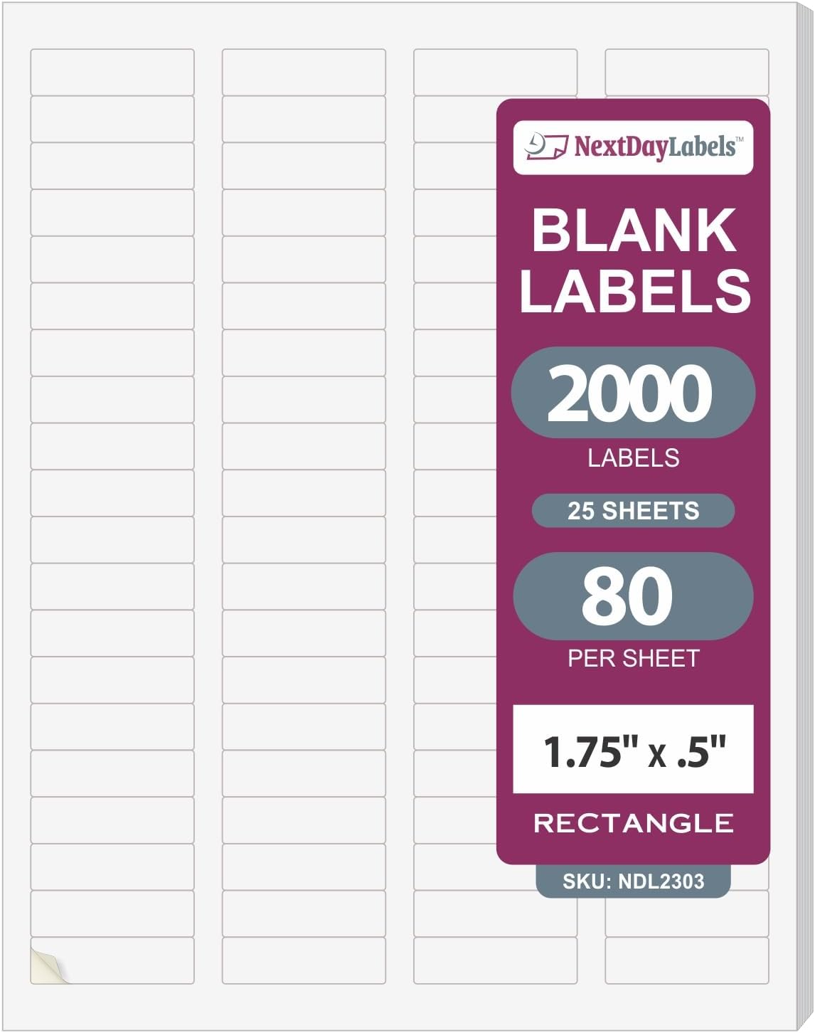 NextDayLabels – 1-3/4" x 1/2" Rectangular Sticker Labels for Printer - White Laser/Inkjet Printer Labels Return Address Labels Shipping Label Stickers (25 Sheets, 80 Per Sheet, 2000 Labels)