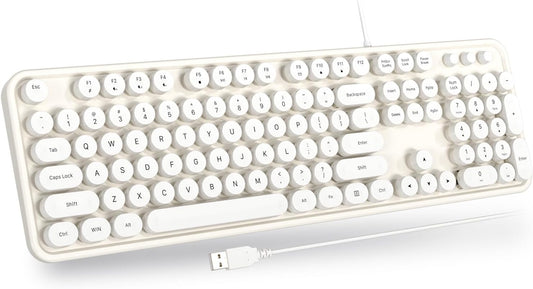 USB Wired Computer Keyboard - Retro Typewriter Keyboard - Full Size Keyboard with Number Pad for PC Laptop Desktop Windows (Creamy White)