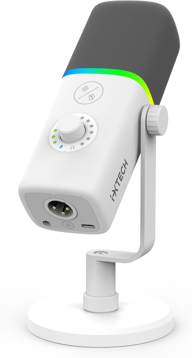 IXTECH Gaming USB Microphone for PC, Noise Cancellation Condenser Mic for Podcasts and Video Streaming with Tripod Stand, Pop Filter, Shock Mount, Gain Control, RGB Lights, Quiet Mute Button (White)