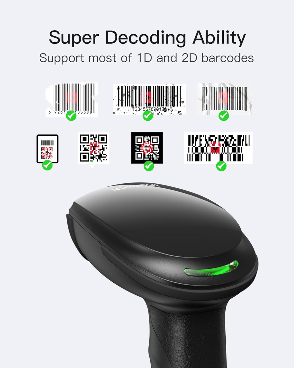 Inateck 2D Barcode Scanner, Wireless Bluetooth QR Barcode Scanner, Handheld Scanner with APP and SDK, 1 Charge for 3 Months, BCST-23 Dark Gray