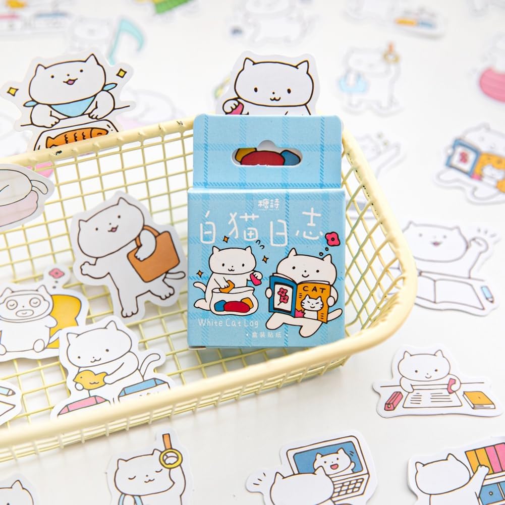 46 Pcs Small Cute White Cat Stickers for Scrapbooking Diary Laptop Junk Journal Notebook Kids Envelope Card Making Diary Planner Craft DIY Craft Decoration, 23 Patterns