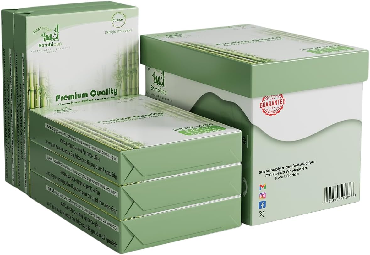Bamboo Printer Paper - 8 1/2” x 11” - 20LB Multipurpose White Paper - Made from Bamboo Fiber, Renewable Resources, Zero Trees Used - 5 reams (2500 Sheets)