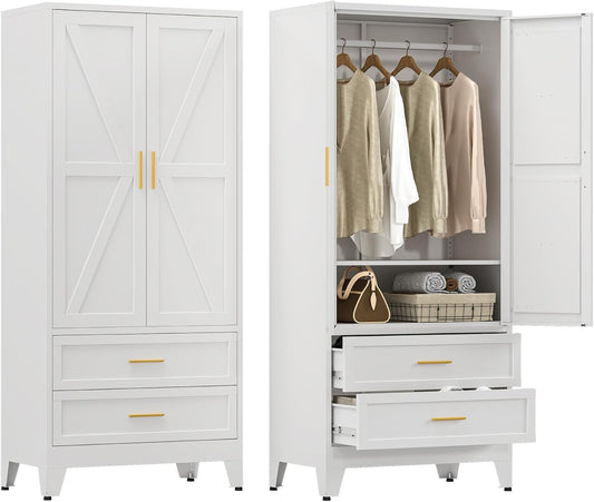 Farmhouse Wardrobe Cabinet with 2 Drawers,Metal Wardrobe Closet with Hanging Rod,Metal Armoire with Adjustable Shelves for Bedroom,Living Room, Cloak Room,Office (White)