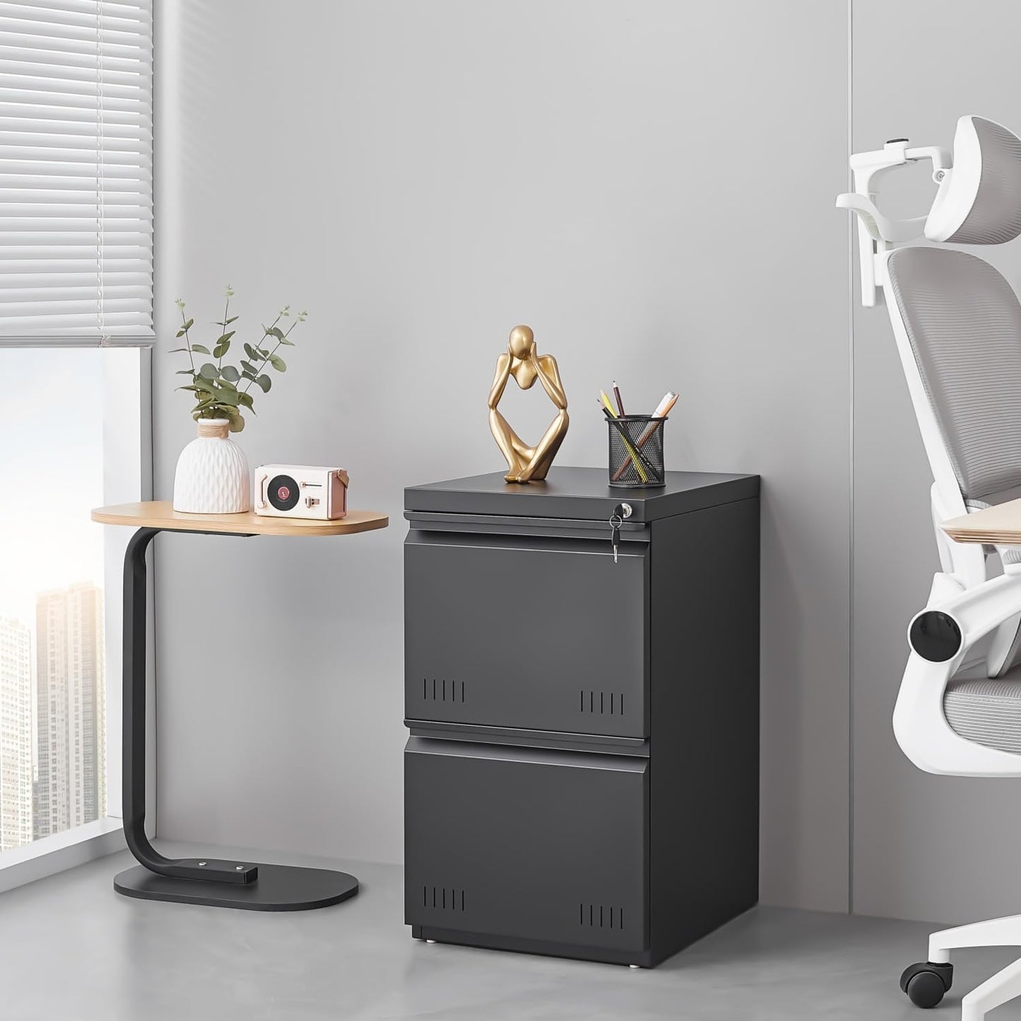 2 Drawer File Cabinets for Home Office, Vertical File Cabinet with Lock, Printer Stand, Office Storage Cabinet for A4/Letter/Legal Size, Under Desk Filing Cabinet, Assembly Required(Black)