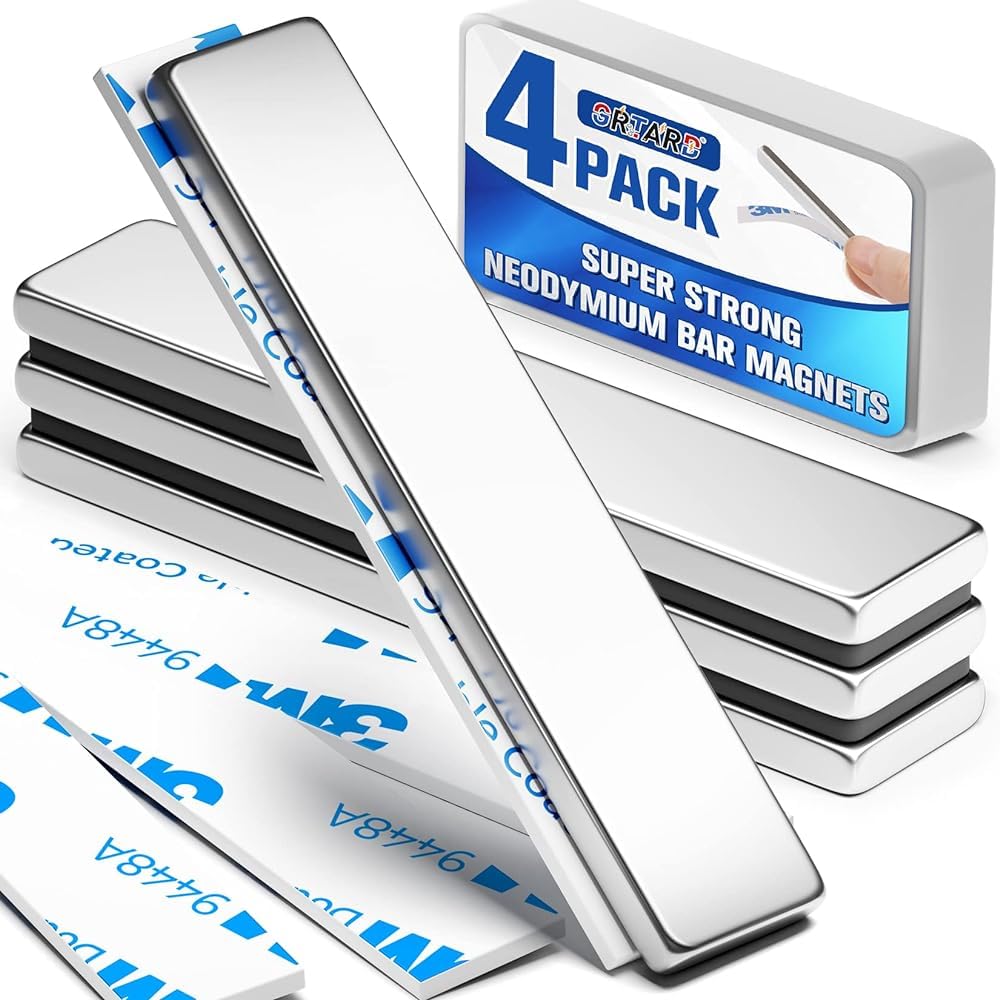 Grtard 4Pack Neodymium Magnet Bar, Powerful Bar Magnets, Magnet Strips Heavy Duty, Strong Rare Earth Magnets with Double-Sided Adhesive for Craft, Fridge, Kitchen, Office - 60 x 10 x 3 mm
