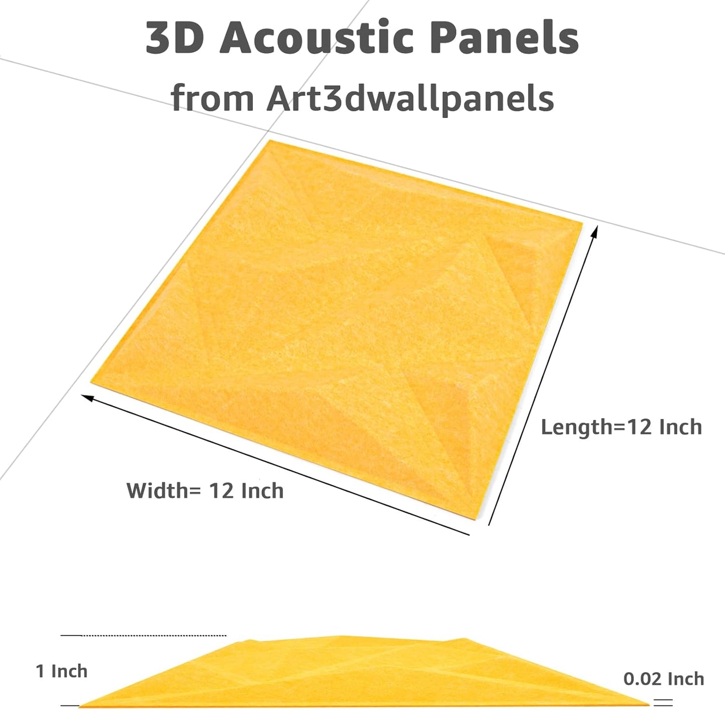 Art3dwallpanels Acoustic Panels 20 Pack Soundproof Wall Panels Sound Dampening Panels, 3D Wall Panels Sound Absorbing Panels, 12" X 12", Yellow with Tape