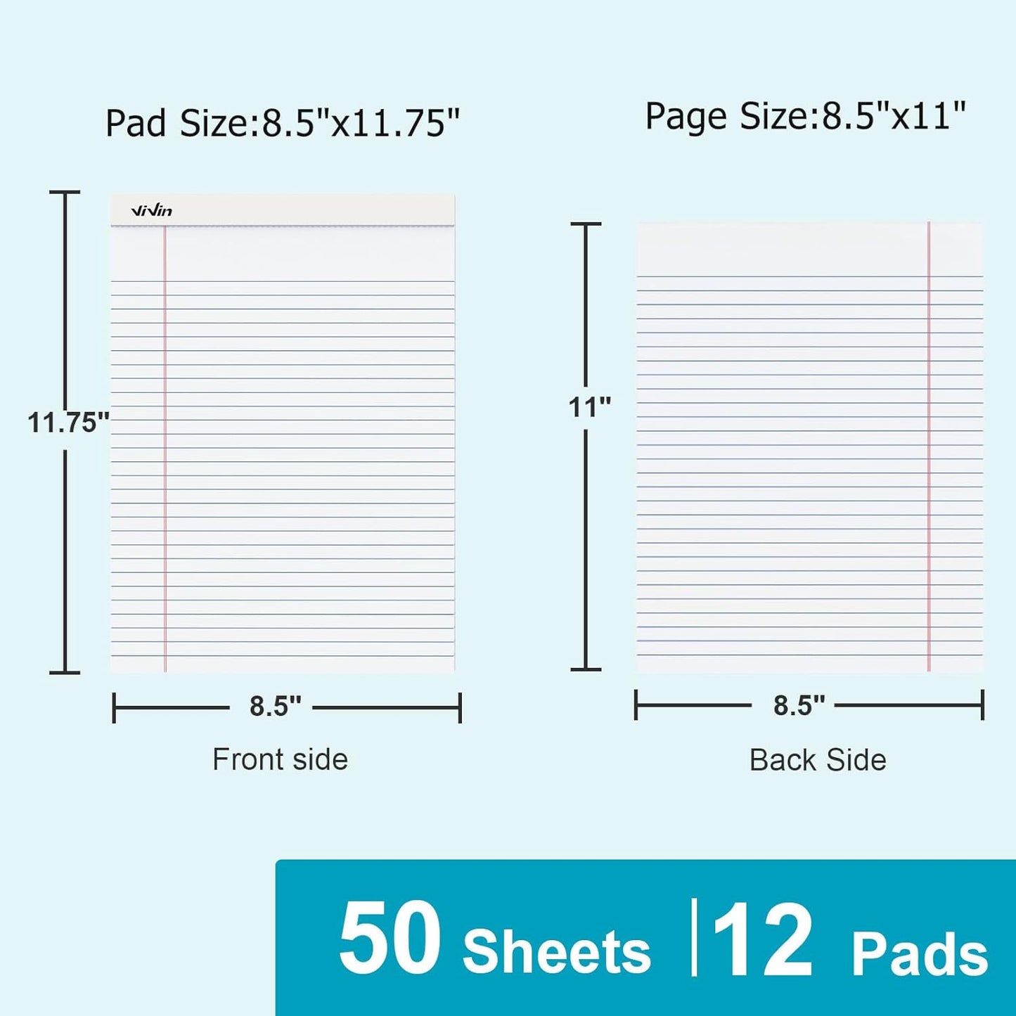 ViVin Legal Pads 8.5 x 11 Inch, Wide Ruled Note Pads, 12 Pack, 50 Sheet/Pad, Perforated Writing Pads, Notepads for Office Home School, 600 Sheets, White Paper