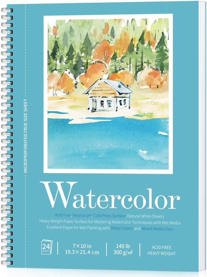 Watercolor Paper Pad, Watercolor Sketchbook 7" x10” 140lb/300gsm, Spiral Bound Water Color Pad Journal and Sketchbook for Adults & Kids, Markers and Art Journaling
