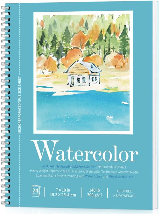 Watercolor Paper Pad, Watercolor Sketchbook 7" x10” 140lb/300gsm, Spiral Bound Water Color Pad Journal and Sketchbook for Adults & Kids, Markers and Art Journaling