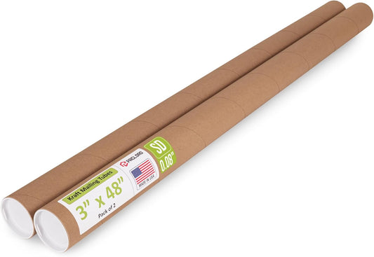 3" x 48" Reinforced Kraft Paper Mailing Tube, Pack of 2 Tubes with 4 Caps – Secure USPS Approved Poster Tube – Cardboard Tube for Shipping and Storing Posters, Prints, Artwork, or Documents