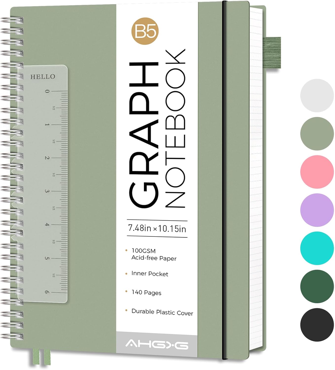 AHGXG Graph Paper Notebook - Spiral Notebook Journal 7.6" x 10", B5 Large Graph Notebook, 140 Pages, 100 gsm Thick Grid Paper, Waterproof Plastic Cover, for School Writing Engineering, Sage Green