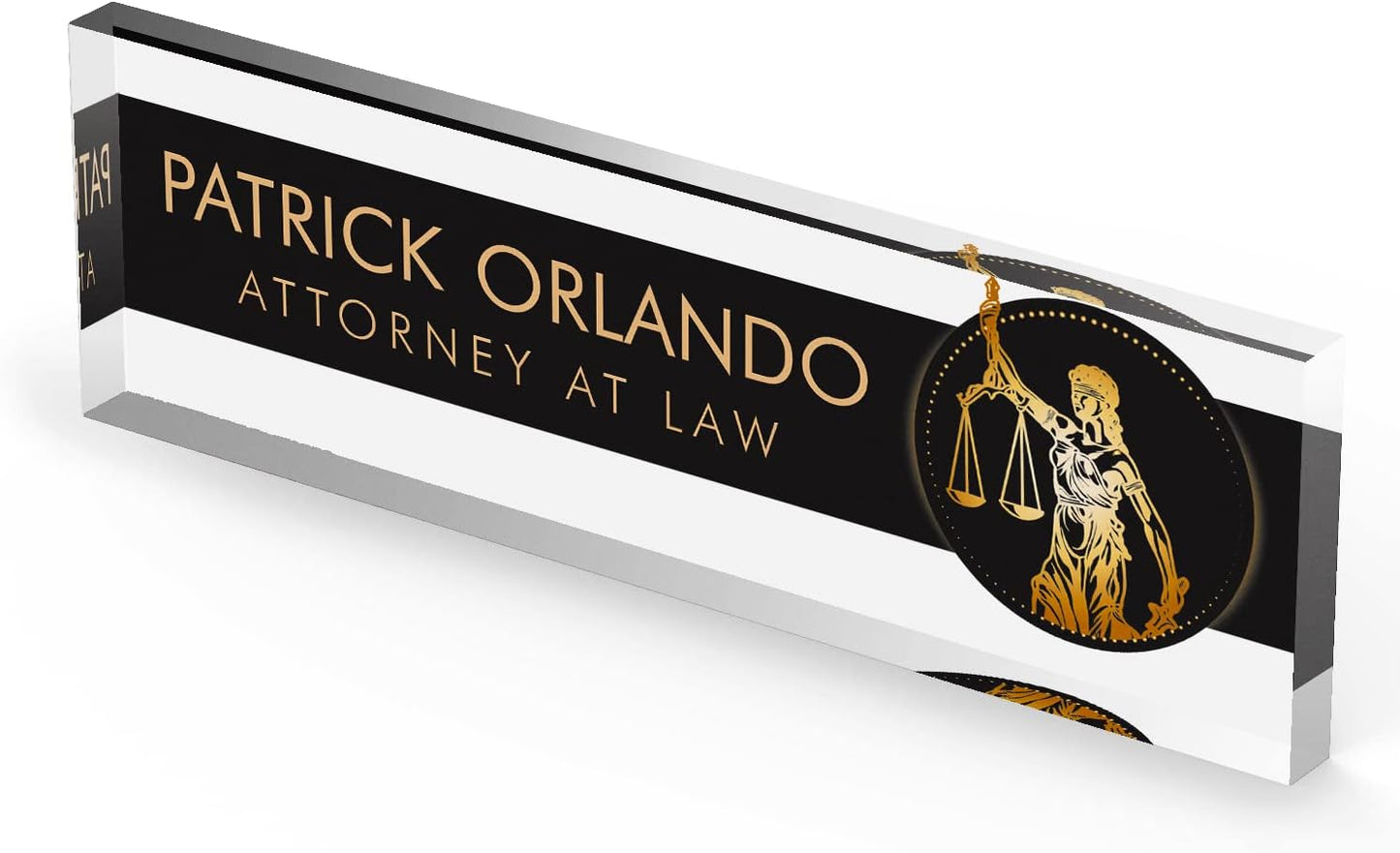 Artblox Personalized Office Desk Name Plate and Business Card Holder | Clear Acrylic Glass with Teak Wood Stand | Lawyer Design Customized with Your Name and Credentials Office Desk Decor