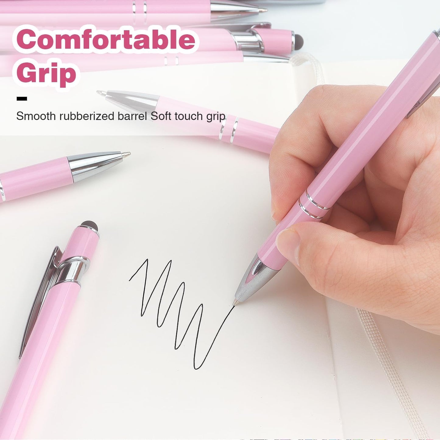 Ballpoint Pen 2-in-1 Stylus Retractable Ballpoint Pen with Stylus tip, Metal Stylus Pen for Touch Screens, 1.0 mm Black Ink (Pink)