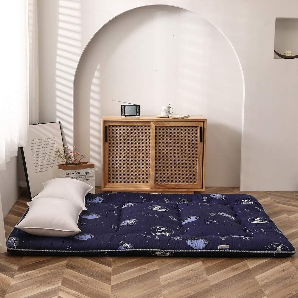 Navy Space Adventure Japanese Floor Futon Mattress, Thicken Tatami Mat Sleeping Pad Foldable Bed Roll Up Mattress Floor Lounger Bed Couches and Sofas for Kids Full Size