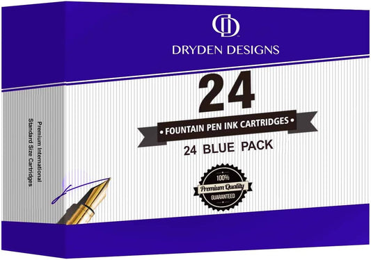 Dryden Designs Fountain Pen Ink Cartridges - Set of 24 Blue Ink CARTRIDGES - Short International Standard Size - Disposable and Generic Ink Refill Cartridges - Perfect for Calligraphy.