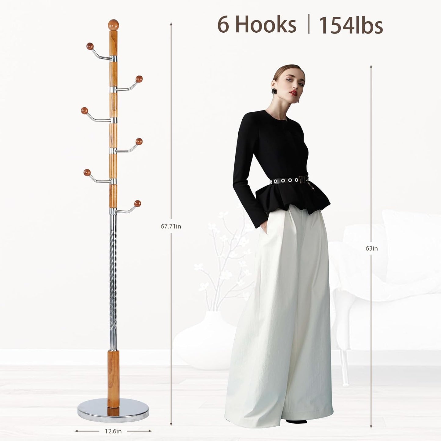 Coat Rack Freestanding, Metal Wooden Coat Tree with 6 Hooks, Heavy Duty Coat Hanger Stand with Resin and Stainless Steel Base, Free Standing Hall Tree for Scarf, Bag, Jacket (Metal)