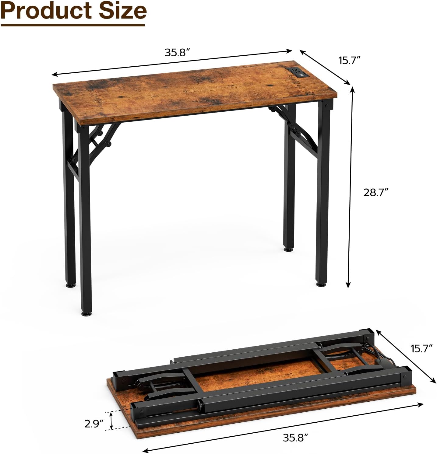 TEMI Small Computer Desk Folding Table - No Assembly, Compact 35.8" Foldable Desk with Power Outlets & USB Charging Port, Portable Small Office Desk, Ideal Mini Study Table for Narrow Spaces, Brown