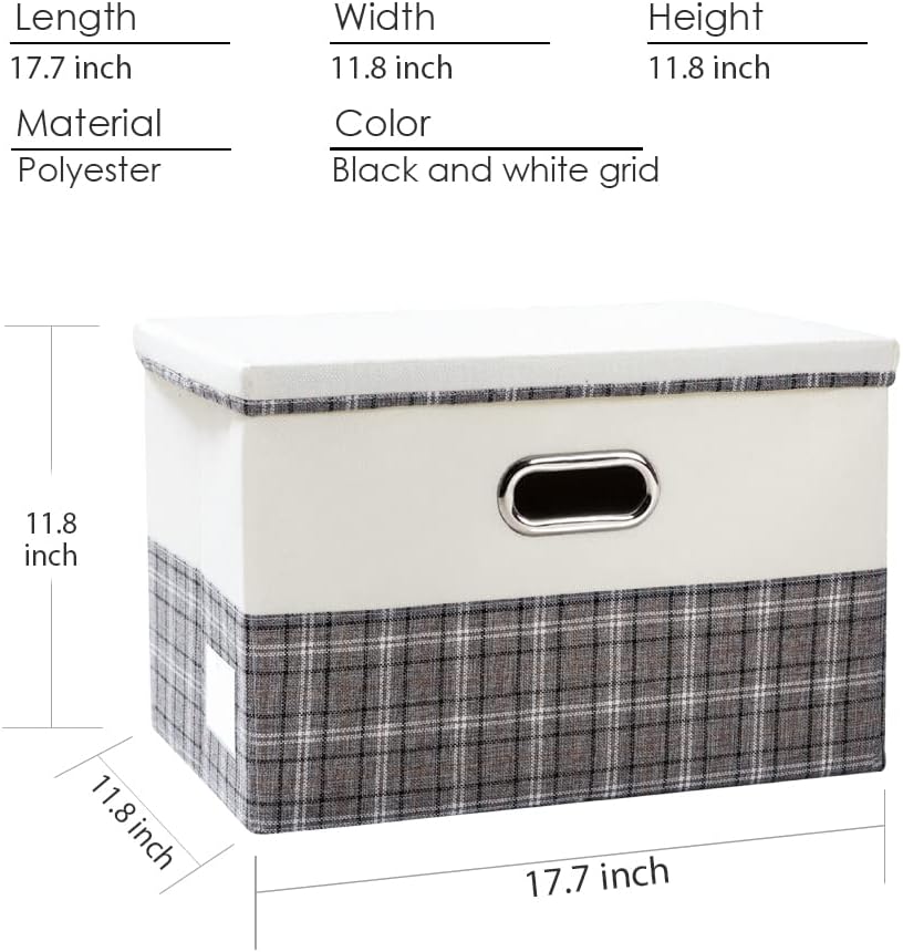 PRANDOM Large Collapsible Storage Bins with Lids [3-Pack] Fabric Foldable Storage Boxes Organizer Containers Baskets Cube with Cover for Home Bedroom Closet Office Gray plaid & Cream(17.7x11.8x11.8)