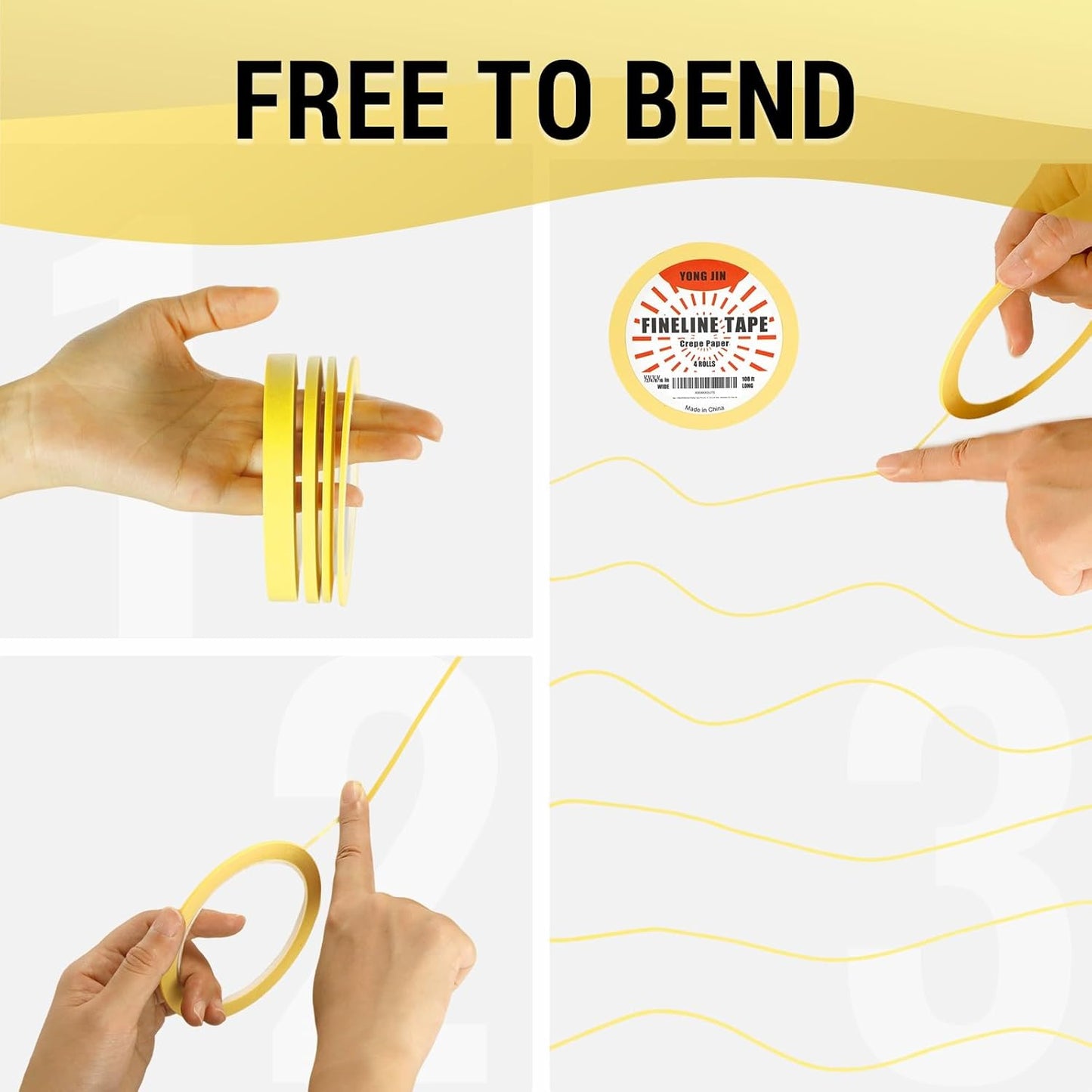 YONGJIN Multi-Size Pinstripe Tape, Fine Line Masking Tape Set for Automotive, DIY, Paint, Art (1/16", 1/8", 1/4", 1/2")