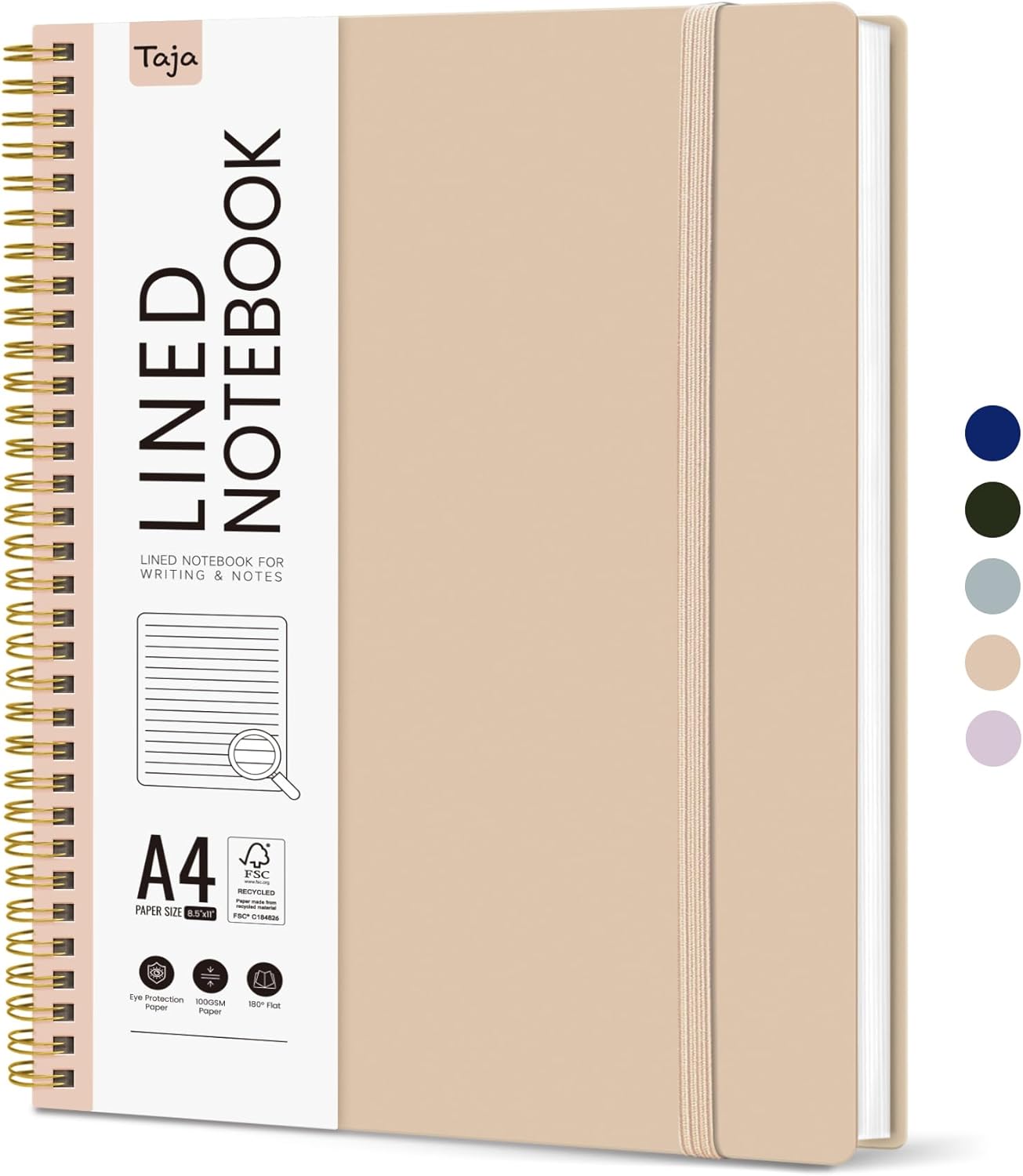 Taja Spiral Lined Notebook, 8.5"x11" Notebooks for Work, Large A4 Journal for Women & Men, College Ruled Journaling Notebook for Writing, Plastic Cover Spiral Journal, Khaki