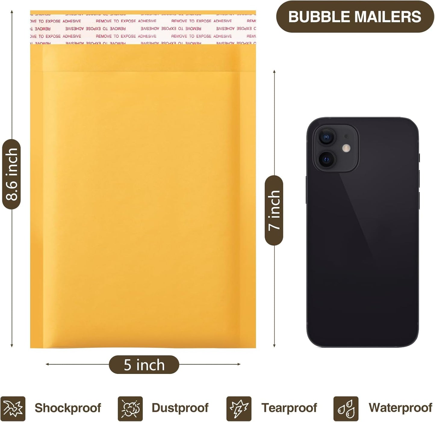 UCGOU Kraft Bubble Mailers 5x8.6 Inch Usable Size 5x7 Inch 50 Pack Yellow Padded Envelopes Small Business Mailing Packages Self Sealing Tear Resistant Boutique Bulk Mail Shipping Bags Bubble Mailers