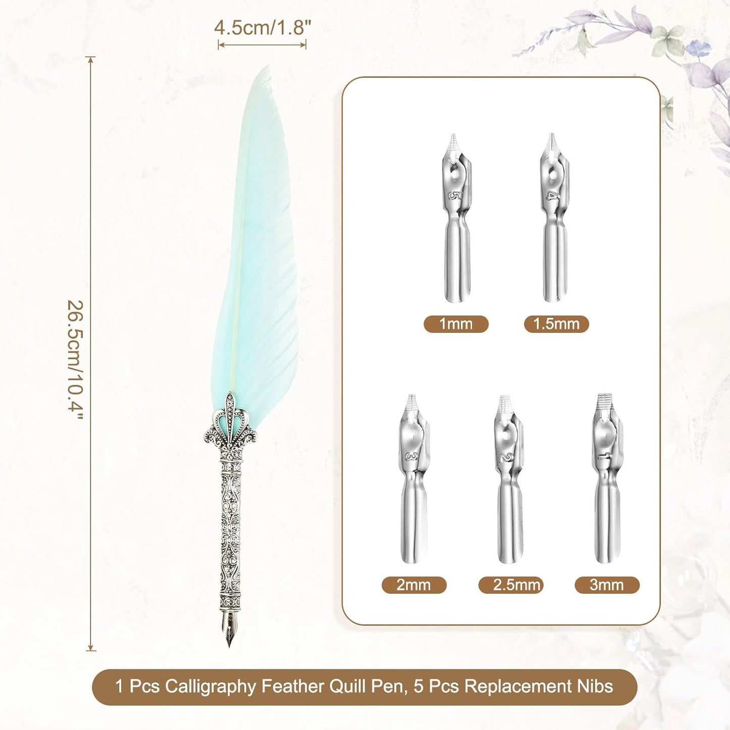 PATIKIL 26.5cm/10.4" Calligraphy Feather Quill Pen, Vintage Feather Dip Pen with 5 Replacement Nibs for Calligraphy Writing Wedding Office Gifts, Blue