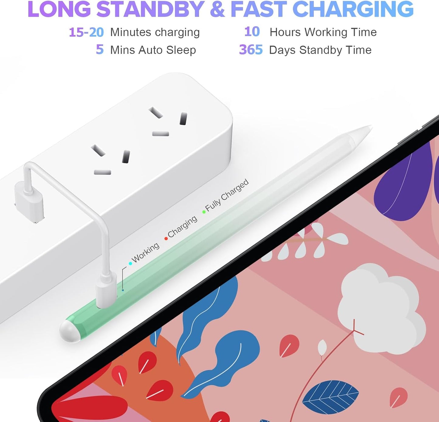 Stylus Pen for iPad 6th-11th Generation-2X Fast Charge Active Pencil Compatible with 2018-2025 Apple iPad Pro 11"/12.9"/M4, iPad Air 3/4/5/M2/M3,iPad Mini 5/6 Gen-Gradient White Green