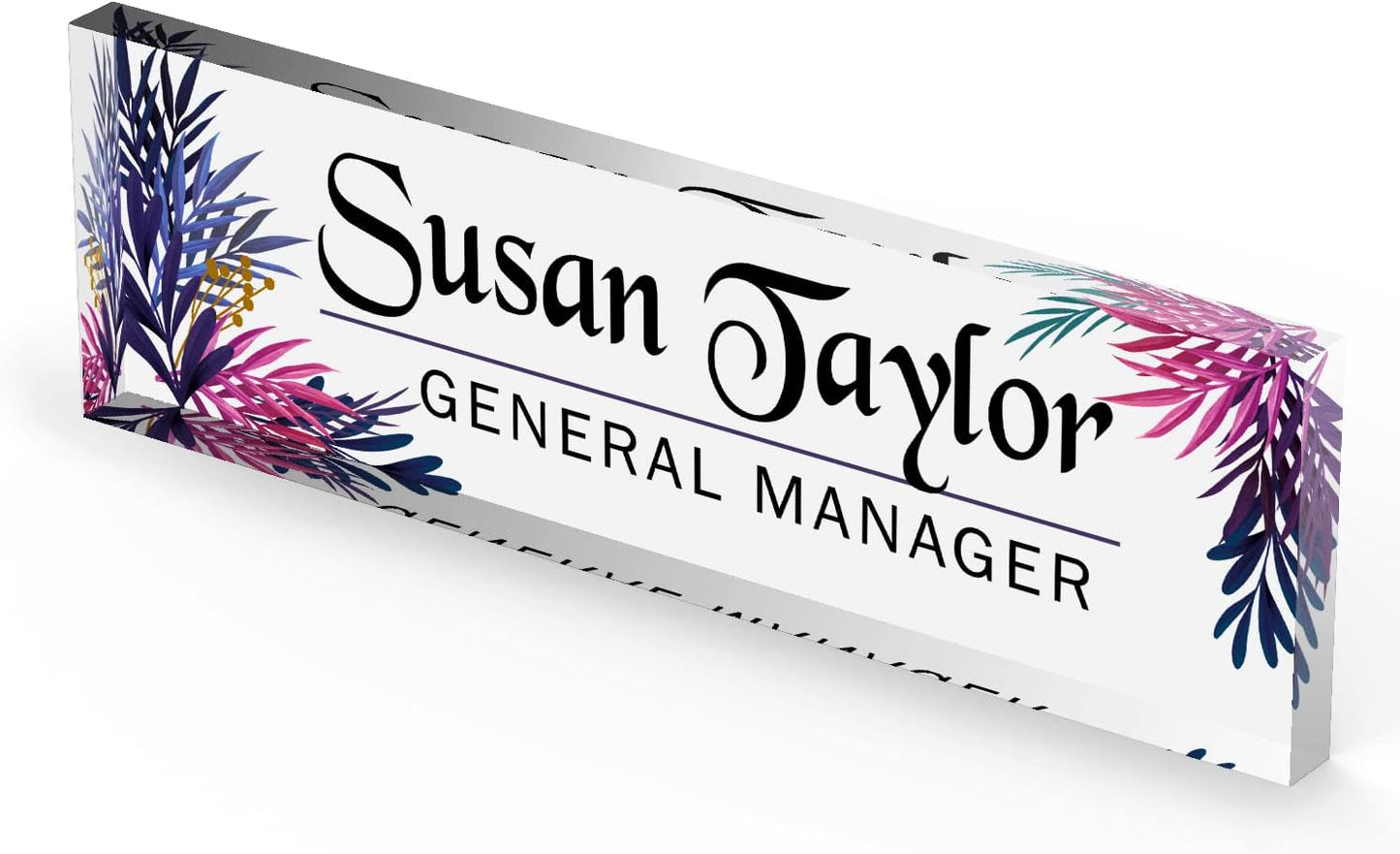 Artblox Personalized Office Desk Name Plate and Business Card Holder | Clear Acrylic Glass with Teak Wood Stand | Leaf Design Customized with Your Name and Credentials Office Desk Decor