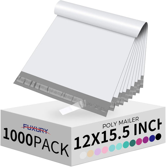 Fuxury Poly Mailers 12x15.5 Inch 1000 Pack, Bulk Shipping Bags for Clothing, Strong Adhesive Shipping Envelopes for Small Business Suppliers,Waterproof Mailers Poly Bags Mailing Envelopes White