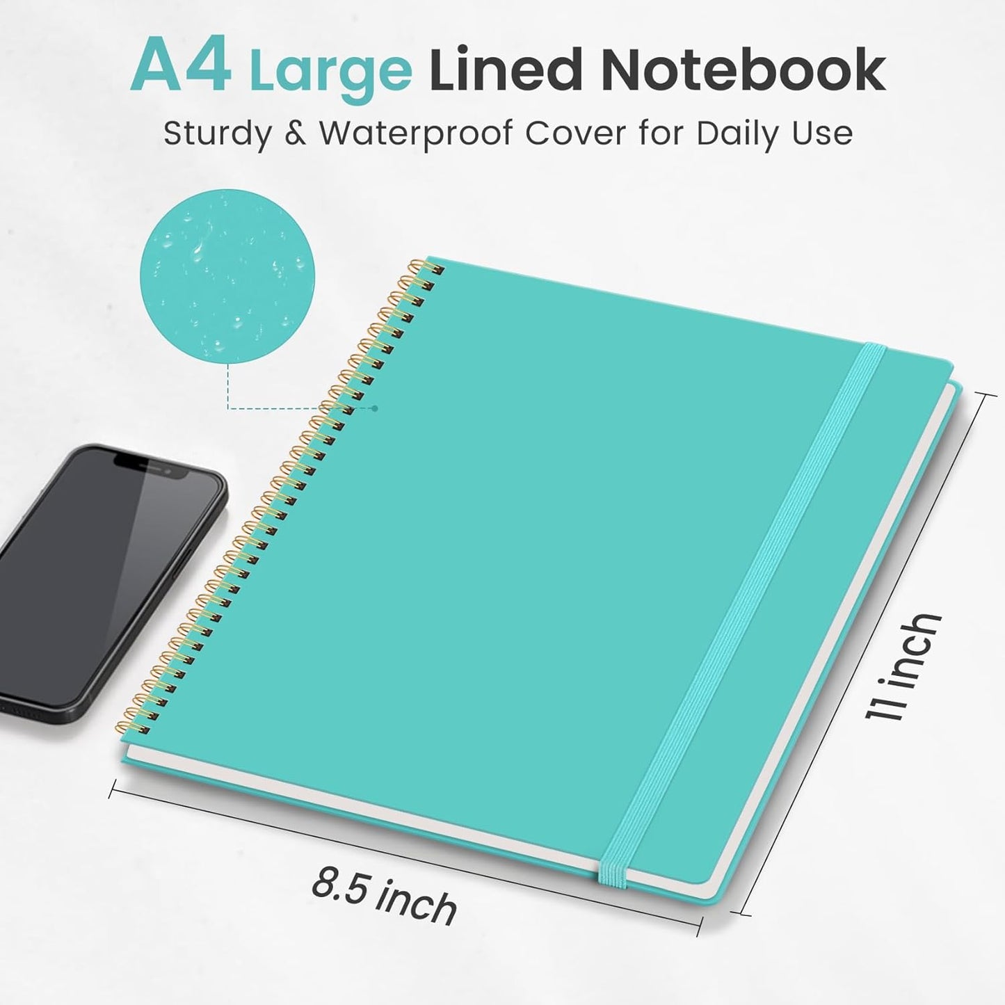 Taja Spiral Lined Notebook, 8.5"x11" Notebooks for Work, Large A4 Journal for Women & Men, College Ruled Journaling Notebook for Writing, Plastic Cover Spiral Journal, Aquamarine