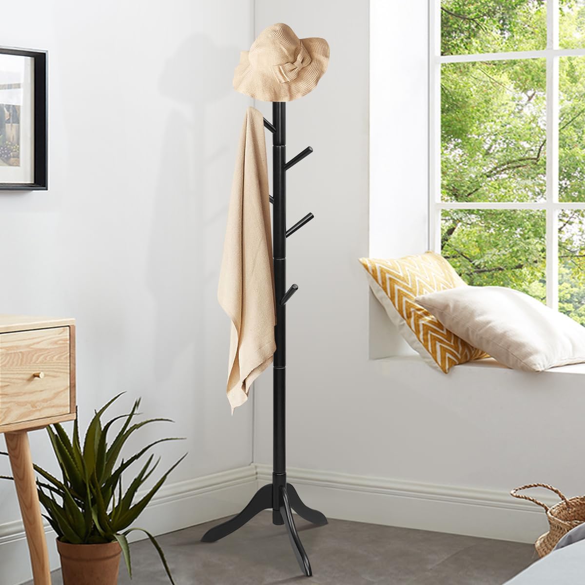 Tangkula Wooden Tree Coat Rack Freestanding, Entryway Coat Stand with 8 Hooks, Height Adjustable Coat Tree, Coat Hanger Stand for Home Office Hall Entryway