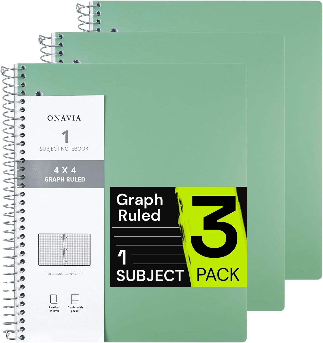 Spiral Notebook for School 3 Pack, 1 Subject, 4x4 Graph Ruled Paper, 100 Sheets, 9" x 11", 1 Divider with Pocket, 3 Hole Punched, Plastic Cover, 1/4" Grid Graphing Note Book Bulk,Midnight Green