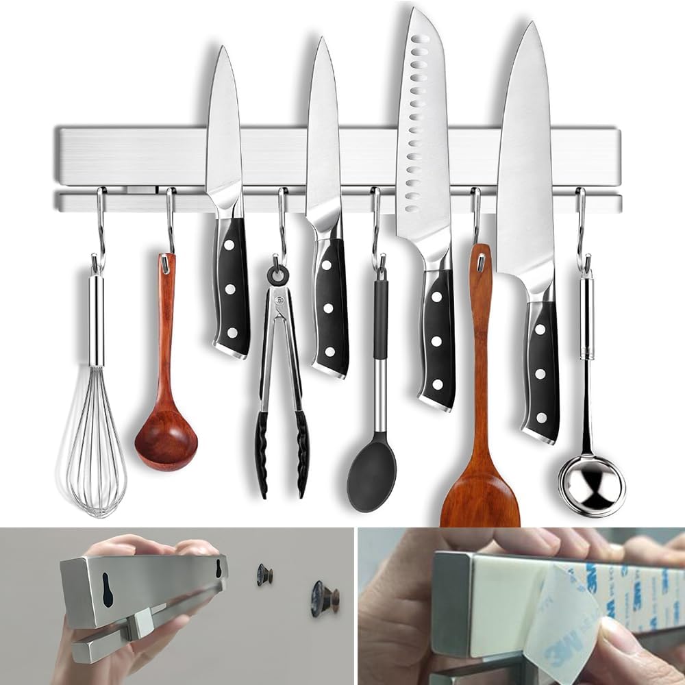 YIIYIIN 12 Inch Magnetic Knife Holder for Wall No Drill,Adhesive Knife Magnetic Strip with 6 Hooks,Kitchen Double Rods Stainless Steel Magnetic Utensil Holder(Silver)