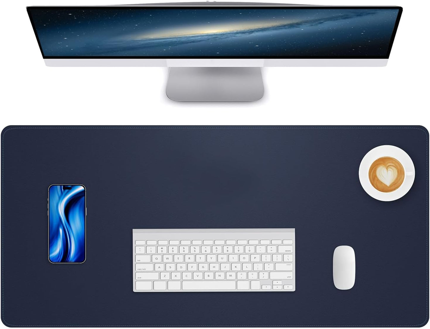 Large Desk Mouse Pad Protector, Stitched Locking Edge Non-Slip PU Leather Desk Mat Laptop Table Pad Blotter, Waterproof Durable Writing Pad for Office and Home (Dark Blue, 90 x 43cm)