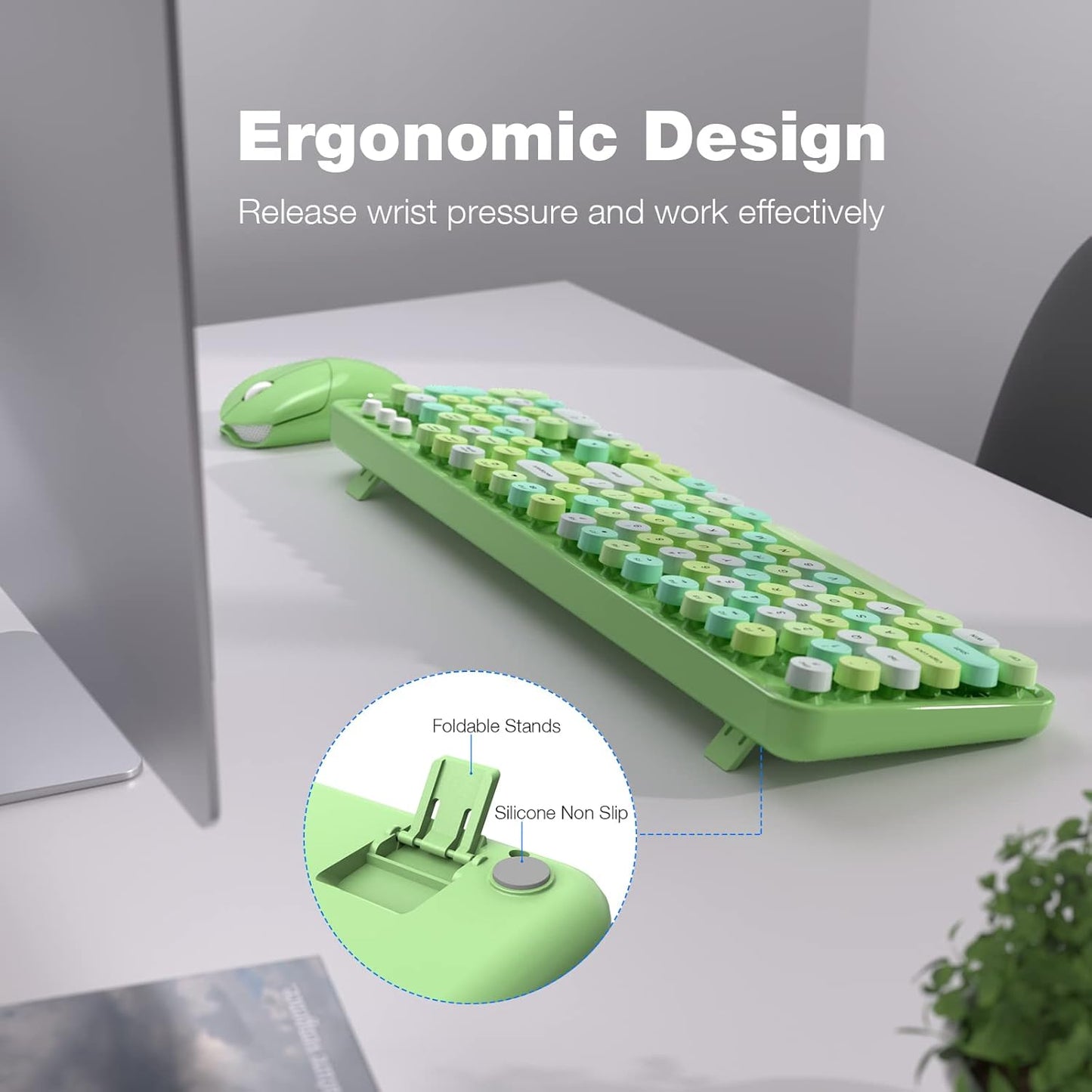 MOFII Wireless Keyboard and Mouse Combo, Retro Green 2.4GHz Full Size Colorful Keyboards with Round Keycaps, Cute Wireless Mouse for Laptop, PC, Chromebook, Smart TV, Computer, Windows