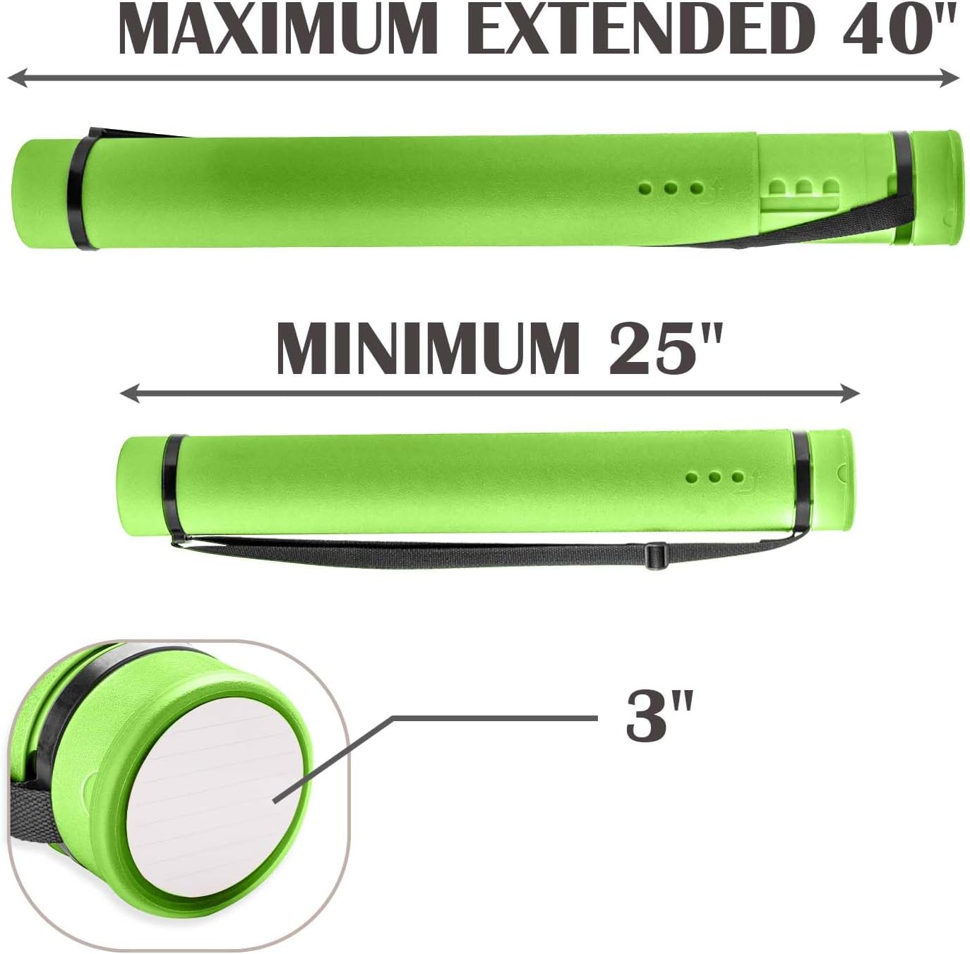 JJRING Green Poster Tube, 25" to 40" Extendable Poster Storage Holder Tube with Carrying Strap, Poster Carrying Case for Blueprints, Scrolls, Maps and Architect Papers