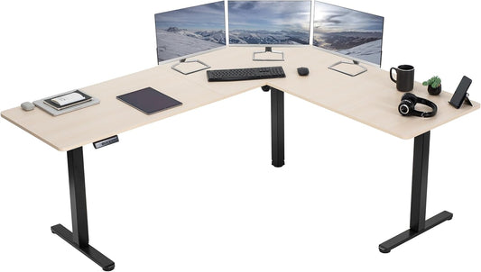 VIVO Electric Corner L-Shaped 75 x 63 in Standing Desk, Memory Height Adjustment, Light Wood Top Black Frame, DESK-E3CTBC-75