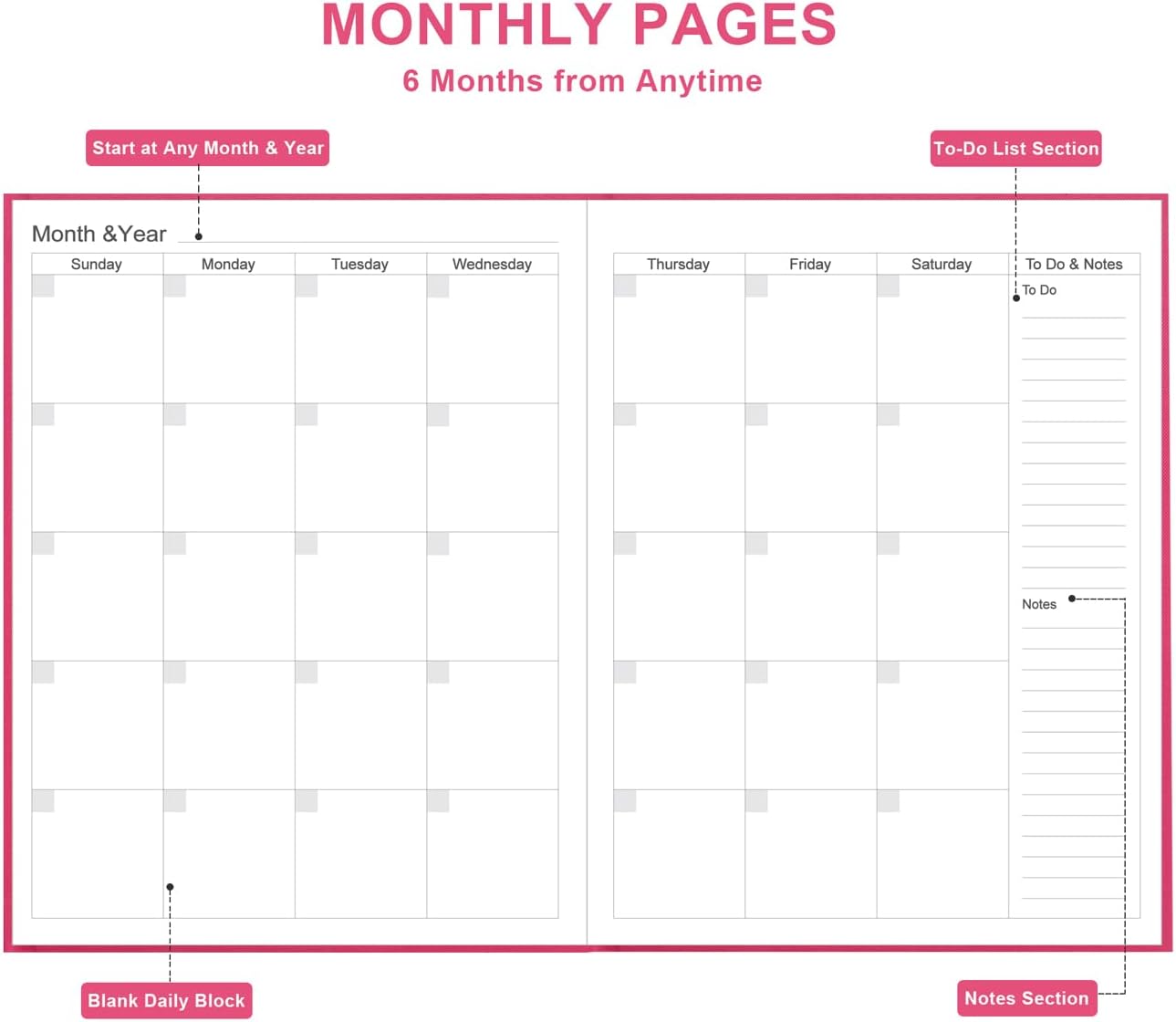 Daily & Monthly Planner for 2025 2026 or Anytime - ADHD Planner Two Pages Per Day, Daily Planner Undated to Increase Focus, Eliminate Overwhelm, Achieve Your Biggest Goals, 8.5'' × 11'', Pink