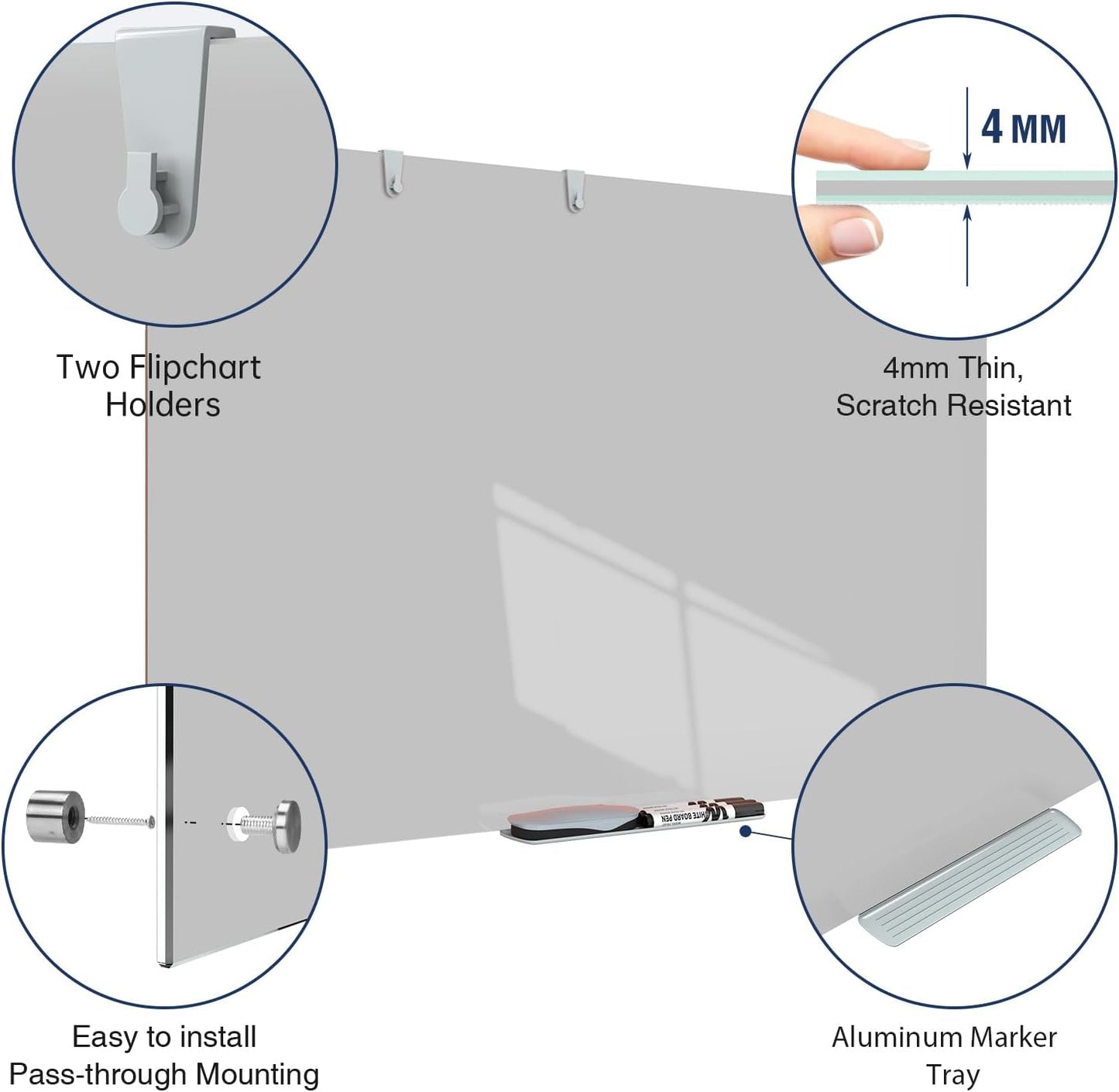 TSJ OFFICE Glass Dry-Erase Board - 36 x 24 Inches Wall Mounted Magnetic Whiteboard, Large Frameless Glass White Board for Office, Home & School, Gray