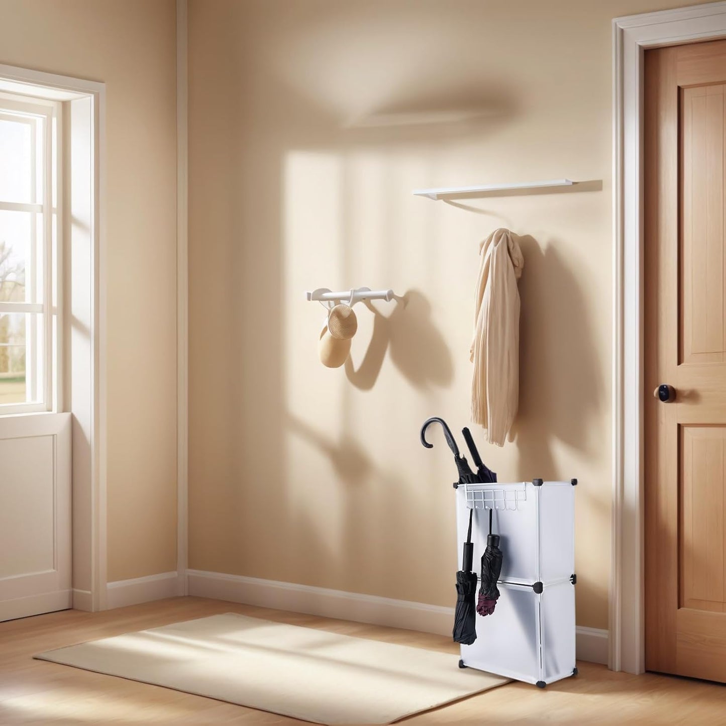 Umbrella Stand, Umbrella Holder for Entryway, 14.3 * 7.4 * 24.4inches,Square umbrella storage rack with built-in drip tray and metal hook,White.